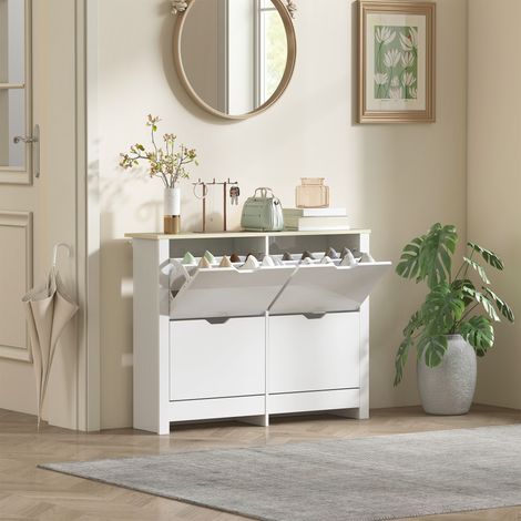 HOMCOM Meuble à chaussures 16 paires, armoire à chaussures étroite avec 4 tiroirs rabattables et étagères réglables, style moderne, pour couloir, entrée, 105 x 26 x 80 cm, blanc et chêne
