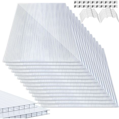 Lot de 14 plaques alvéolaires en polycarbonate de 4 mm, 10,25 m², 50 pinces, 50 clips Z, 60,5 x 121 cm, double plaque alvéolaire, résistante aux UV pour serre FG-G9139-1 (1/5)