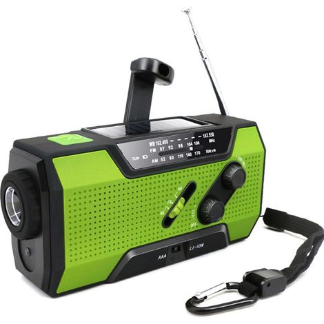 Radio de emergencia con manivela y linterna LED, radio portátil NOAA AM/FM con batería externa de 2000 mAh, color verde. (1/5)