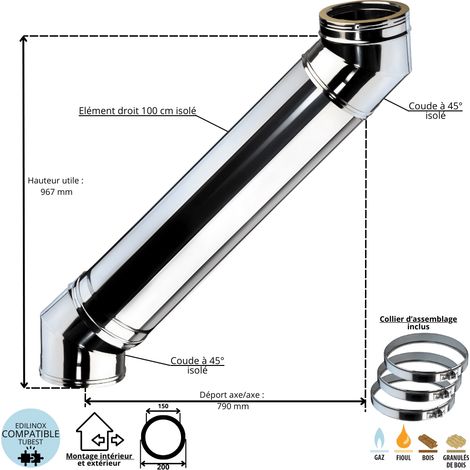 Edilinox – Ensemble dévoiement 2 coudes 45° – 1 élément droit 100 cm – Conduit double paroi isolé 150 mm – Inox 304/316 pour installations professionnelles - Ediliso25