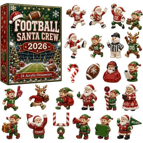 Fußball-Adventskalender 2026 – 24-teilig – rot, grün, weiß – Acryl – 6 cm flache Anhänger – Weihnachtsmann-Design mit American Football – Christbaumschmuck – geeignet für Weihnachten und als Dekoratio (1/5)