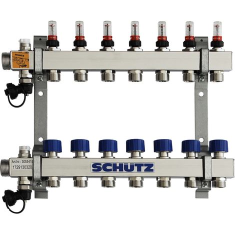 SCHÜTZ Colector tipo Komfort 90-3 para 7 circuitos, acero inoxidable, longitud 420 mm, 3053415