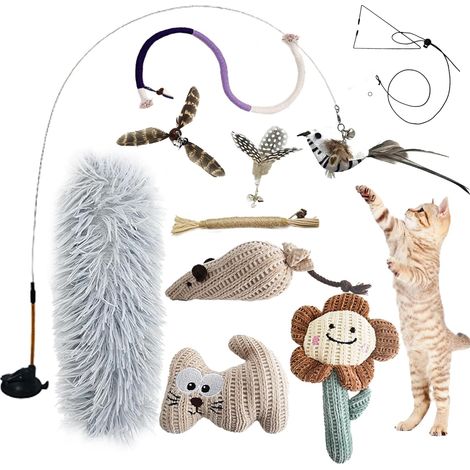 Jouet Chat Interactif 7 en 1, Lot de Jouets pour Chat d'Intérieur avec Ventouse Lavable, Canne à Plume, Jouets Suspendus, Jouet Oiseau, Bâtonnets Herbe à Chat, Corde à Mâcher et Peluche (1/5)