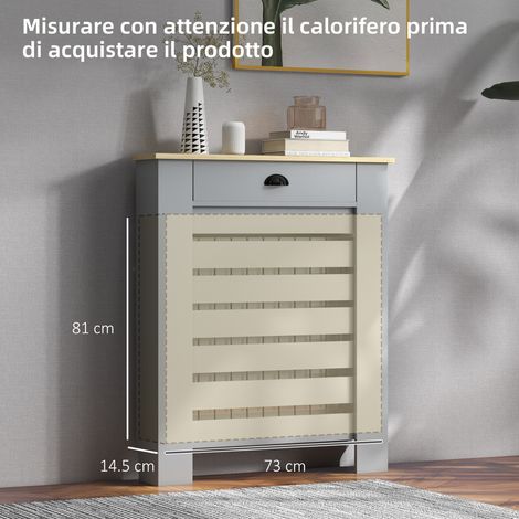 Grille de radiateur en MDF latté, cache-chauffage avec tiroir, couleur grise, 78 x 19 x 95,5 cm