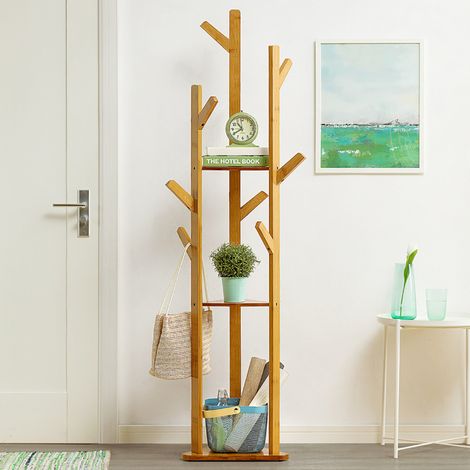 Standing Wood Cloth Hat Rack with 3 Storage Shelves, Light Brown (1/5)