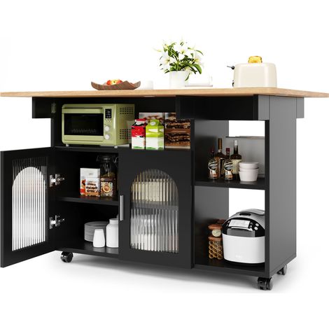 Îlot de cuisine avec rangement, plateau rabattable, meuble noir et bois sur 5 roulettes, 120 x 30 x 79,5 cm (1/5)