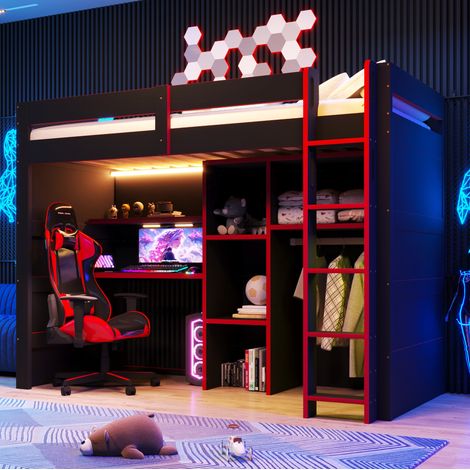 Lit mezzanine 90x200 cm noir et rouge en MDF et contreplaqué avec bureau, rangements et éclairage LED (1/5)