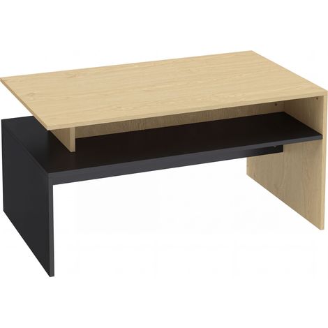 CHICFURN Mesa de centro moderna con estante inferior, diseño escalonado bicolor negro y madera clara, MDF, 95 x 55 cm, ideal para salón y espacios pequeños (1/5)