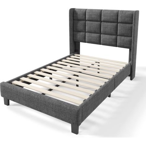 Letto singolo imbottito 90x200 cm con testiera e rete a doghe, grigio lino, HOMVRA (1/5)