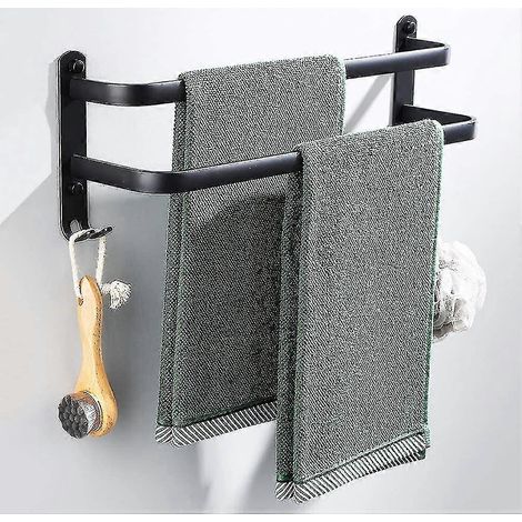 Porte-serviettes mural noir pour salle de bain et cuisine, barres de porte étanches avec double crochet, 50 cm (1/5)