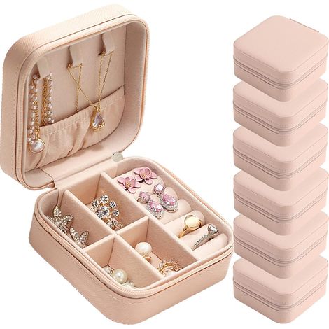Boîte à bijoux de voyage, mini boîte à bijoux, boîte de rangement portable en cuir PU pour boucles d'oreilles, lot de 6, rose