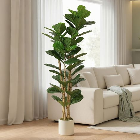 Figuier lyre artificiel, plante artificielle à 91 feuilles, tronc en bois massif, pot, 55 x 55 x 180 cm, vert (1/4)