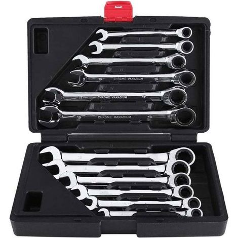12 Pièces Clé à cliquet Kit d'outils 8–19mm Clé Mixte Professionelle Clé à Cliquet Cle Plate a Cliquet avec Valise à (1/4)