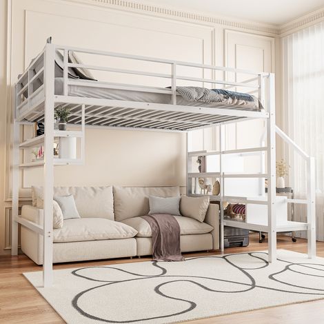 Cama alta 140x200 cm con estantes escalera de almacenaje espacio bajo la cama para colchas barandilla color blanco(Sin colchón) (1/5)