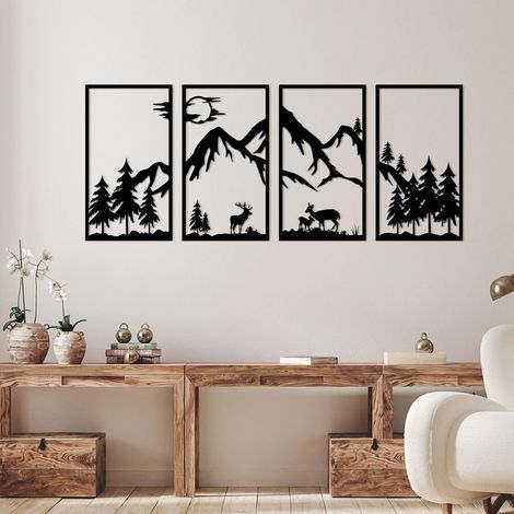Lot de 4 décoration et mural en métal avec motif de montagne - Dessin au trait noir - Art abstrait minimaliste rustique nature pour décoration d'aventure et intérieur (1/5)