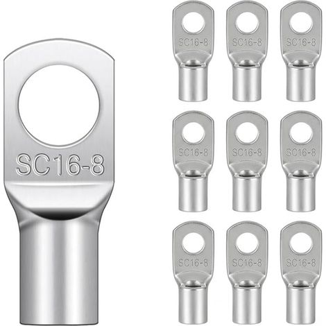 Cosses Tubulaires SC16-8 M8 16mm², Cosses à Anneau Non Isolées en Cuivre Étamé pour Câbles de Batterie, Cosse à Sertir a Oeil à Anneau, Cosse Electrique Plate pour Voiture Panneau Solaire (1/5)