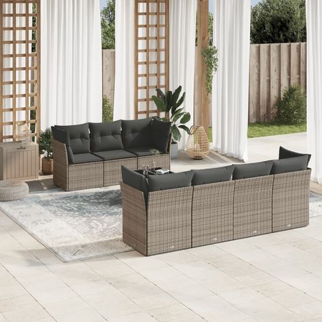 Ensemble canapé de jardin 8 places gris avec table en verre trempé et coussins amovibles, résine tressée (rotin synthétique) - Jardin/terrasse/patio. (1/3)