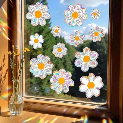 Lot de 24 autocollants pour vitres « Daisy » printemps-été, autocollants double face pour vitres, prismes arc-en-ciel brillants, autocollants pour vitres en verre miroir résistants aux chocs et réutil (1/5)