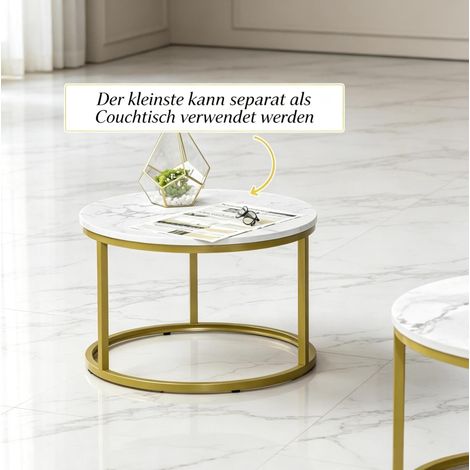 Set de 2 tables d'appoint gigognes rondes blanc marbré et métal doré (1/5)