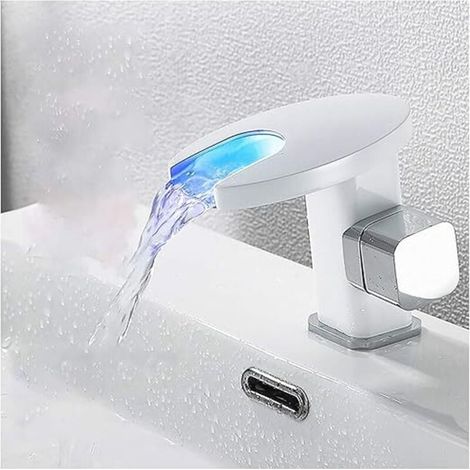 Mitigeur Lavabo LED Robinet Salle de Bain Robinet Lavabo en Laiton Robinetterie Vasque Monté sur Le Pont Robinet Vasque avec Eau Chaude et Froide,Blanc (1/4)