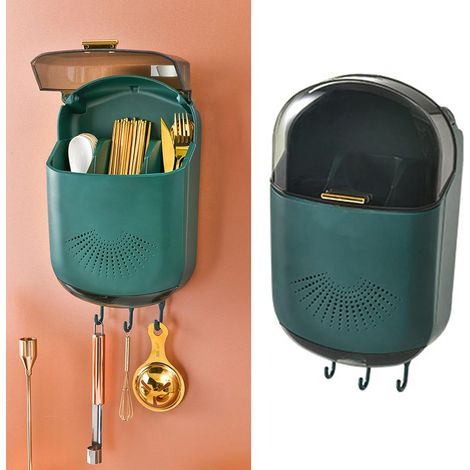 Porte-baguettes mural avec bac d'égouttage, boîte de rangement pour ustensiles de grande capacité à 3 compartiments avec couvercle (vert) (1/5)