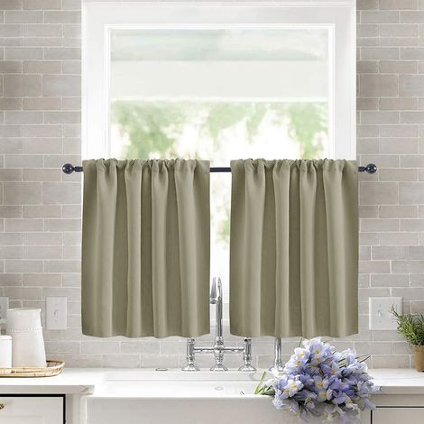 Lot de 2 Rideaux Occultants Courts 76x60 cm - Tissu Uni Haute Précision Couleur Kaki, Voilage Séparateur pour Cuisine, Fenêtre en Saillie et Porte, Style Champêtre-lsw (1/2)