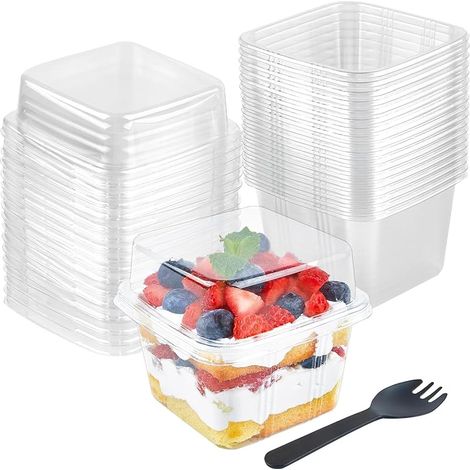 50 Pièces Gobelets à Dessert en Plastique avec Couvercles, 240ml Coupes à Dessert Carrées Coupe Apéritif Parfait Clair Bol de Service Réutilisable avec Fourchettes pour Pudding Mousse Party (1/5)