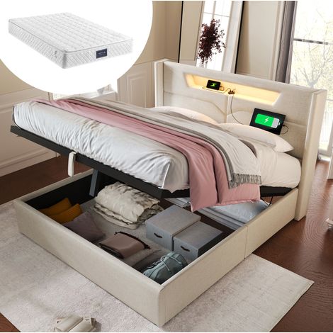 Letto matrimoniale a cassone 160x200 cm in lino beige con LED e ricarica USB-C, materasso incluso (1/5)