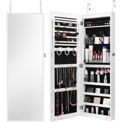 Armoire à bijoux blanche 108 cm avec miroir pleine hauteur, coffre mural ou sur porte, intérieur LED et doublure en velours, rangement verrouillable (1/5)