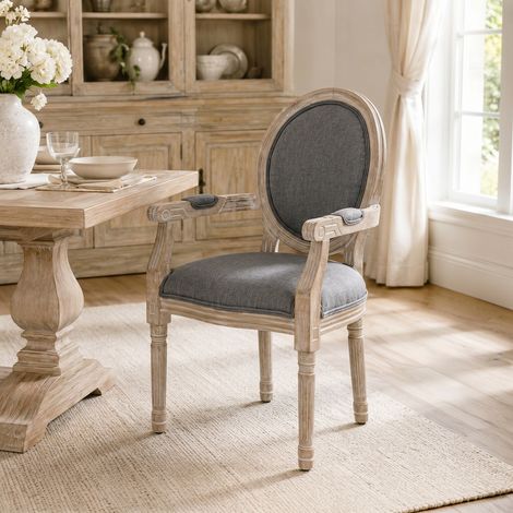 Chaise salle manger médaillon Louis XVI bois massif patiné tissu lin gris, classique (1/5)
