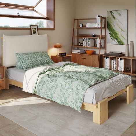 Cama tapizada 90x200 cm natural con cabecero acolchado y somier de láminas estable (1/5)