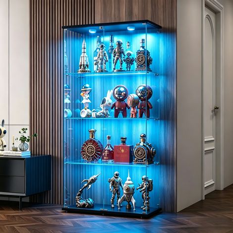 JOOKGBD-Glasvitrine,vitrinenschrank mit 2Türen 4Regalen transparent,Glasvitrine mit LED-Beleuchtung,Sammlerstücke Glasvitrine,Vertikale Glasvitrine,für Wohnzimmer Schlafzimmer Büro,Schwarz