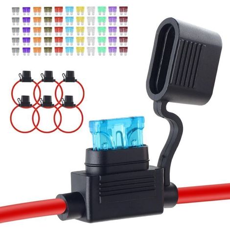 Lot de 6 porte-fusibles étanches enfichables 12V 12AWG avec 66 fusibles automobiles standard (2A/3A/5A/7,5A/10A/15A/20A/25A/30A/35A/40A), adaptés aux applications marines et automobiles.