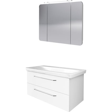 Fackelmann MILANO Badmöbel Set 3-teilig, 100 cm, Weiß, Keramik, LED-Spiegelschrank"-"90299145 (1/2)