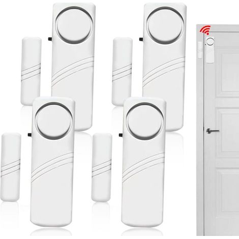 Set di 4 mini allarmi autoadesivi per porte e finestre con sensore magnetico wireless da 90 dB - Sistema di allarme di sicurezza wireless per casa e camper. (1/5)