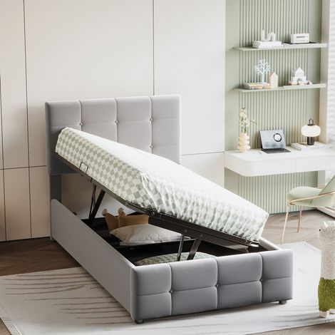 Letto con contenitore imbottito in velluto grigio 90x200 cm, testiera regolabile, rete a doghe inclusa (1/5)