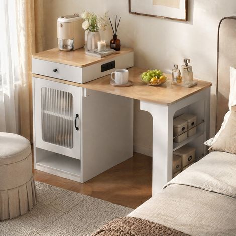 Isola cucina estensibile con ruote, tavolo da pranzo con prese, bianco (1/5)