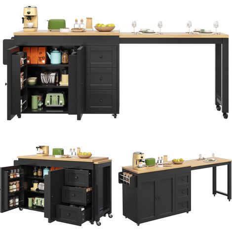 Ilot central de cuisine extensible Noir,buffet Cuisine avec 2 portes,3 tiroirs,plan de travail,116-179.5x45x89cm