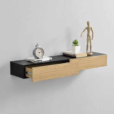 Wandregal Leknes 50x24x12 cm 2er Set mit Schublade Schwarz/Holzfarben en.casa (1/5)