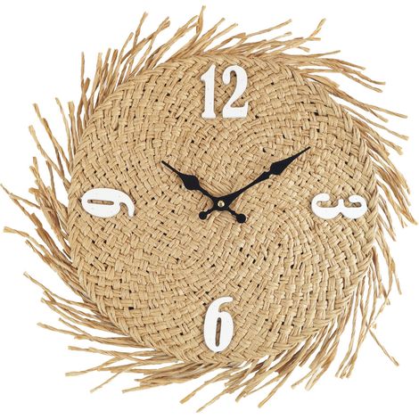 Mobili Rebecca – Horloge murale en bois MDF et paille beige 45 cm – Aiguilles en aluminium – Style rustique pour cuisine et salon