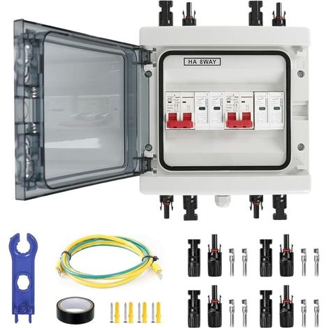 Scatola di giunzione fotovoltaica, scatola di derivazione solare fotovoltaica, protezione da sovratensione CC IP65 per impianti fotovoltaici, interruttore automatico CC a 2 stringhe da 1000 V per impi (1/4)