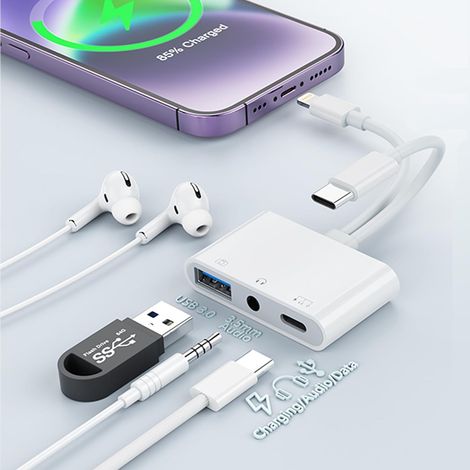 Adaptateur USB-C vers USB Camera avec port de charge, OTG USB-C vers USB+USB-C+jack 3,5mm pour iPhone 15/iPad, lecteur de clé USB, clavier, charge rapide (1/5)