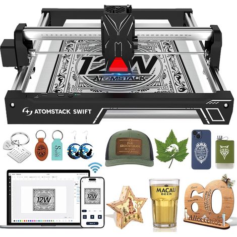 ATOMSTACK Swift 12W Graveur laser pour débutants, découpeur laser 12 000 mW, zone de travail 300 × 300 mm, machine de gravure laser haute précision pour bois, cuir, métal revêtu et acrylique (1/4)