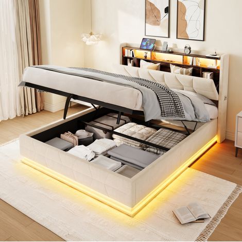 Lit coffre 140 x 200 cm en velours beige avec LED, rangements et USB Type-C intégrés (1/5)