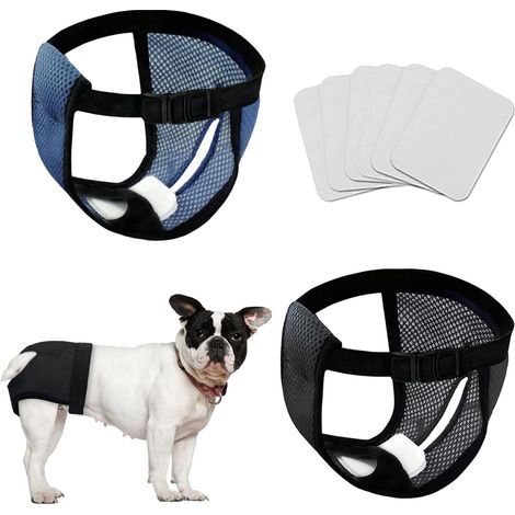 Lot de 2 culottes pour chien, réutilisables, avec 6 tampons hygiéniques, chauds, menstruations, lavables, protection pour chien, noir et bleu, taille S (1/5)