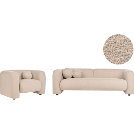 Conjunto de sala de estar 4 plazas sofá y sillón moderno con cojines extra de bouclé beige Leiren (1/5)