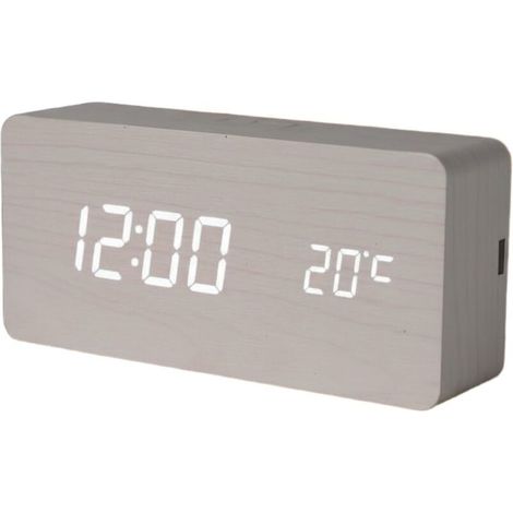 Réveil numérique LED en bois avec grand écran LCD, heure, date, température(blanc) (1/5)