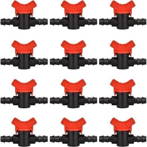 12 PCS Robinet de jardin pour tuyau, Tuyau Vanne d'irrigation 16 x 16mm Robinet d'arrêt raccord en Plastique pour le contrôle extérieur de la vanne d'eau de jardin (noir + rouge)