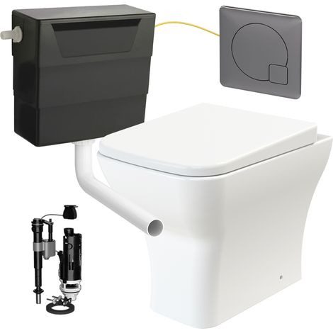 Square Rimless Back to Wall Toilet Pan with Soft Close Seat & Concealed Cistern Gun Metal Plate Button