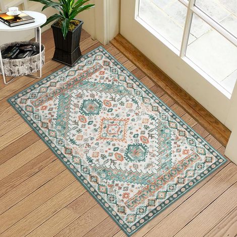 Tapis de couloir bohème à poil court – tapis vintage lavable et antidérapant pour salon, chambre, cuisine et couloir – facile d’entretien, design moderne – couleur : vert et orange (1/5)